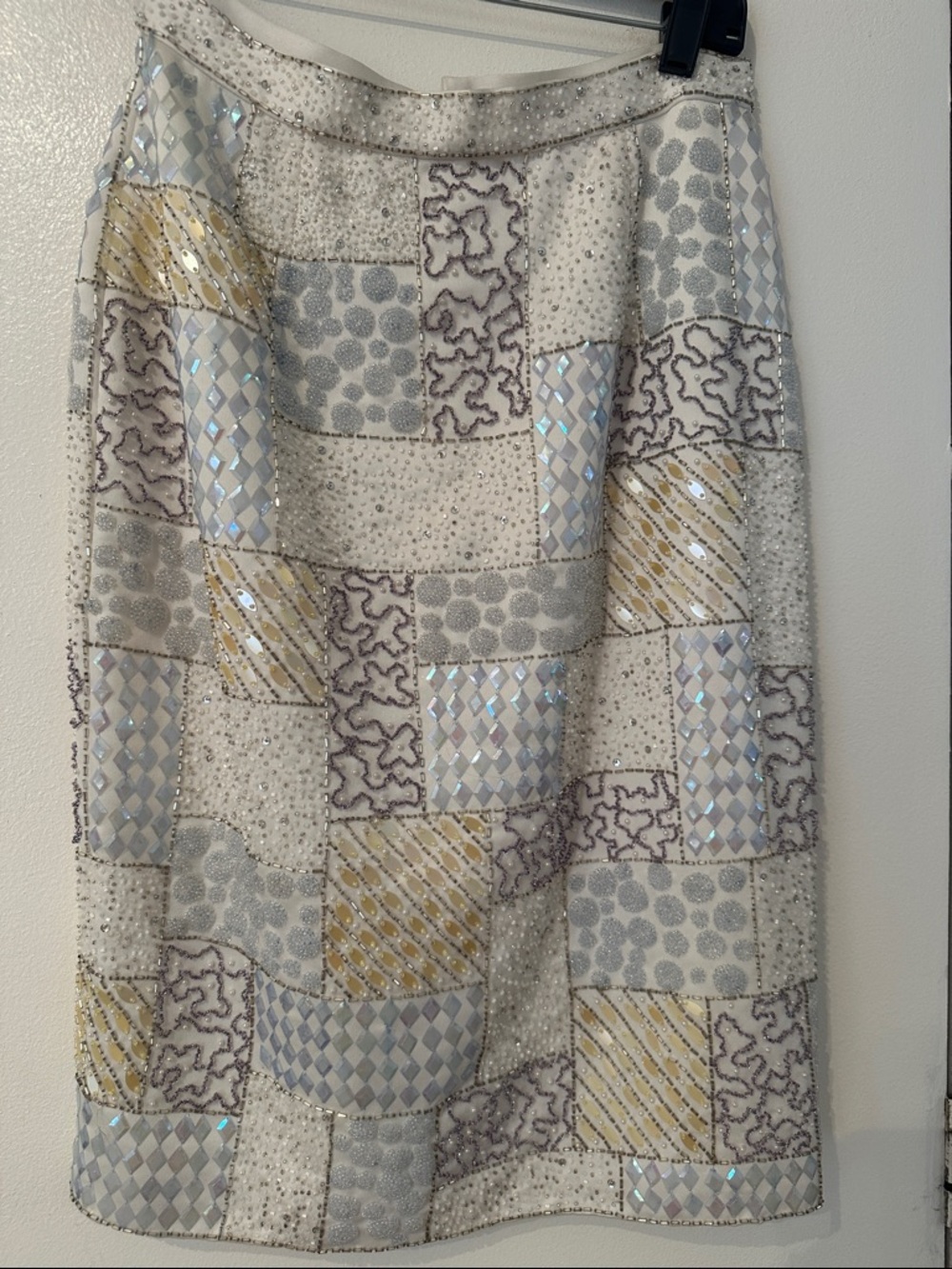 Beaded Patchwork Midi Skirt in Cream, Silver & Gold